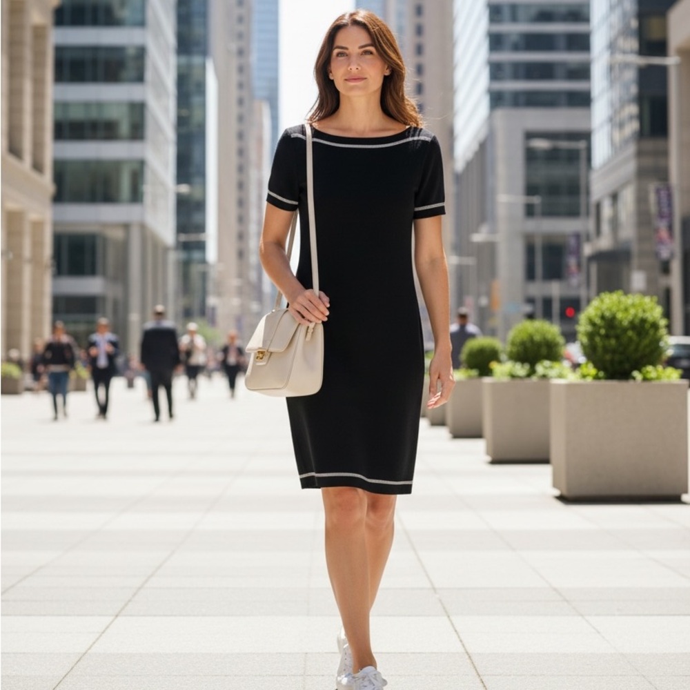 St. John Collection‎ Santana Black Knit Dress Short Sleeve Size 6 Ribbon Trim
